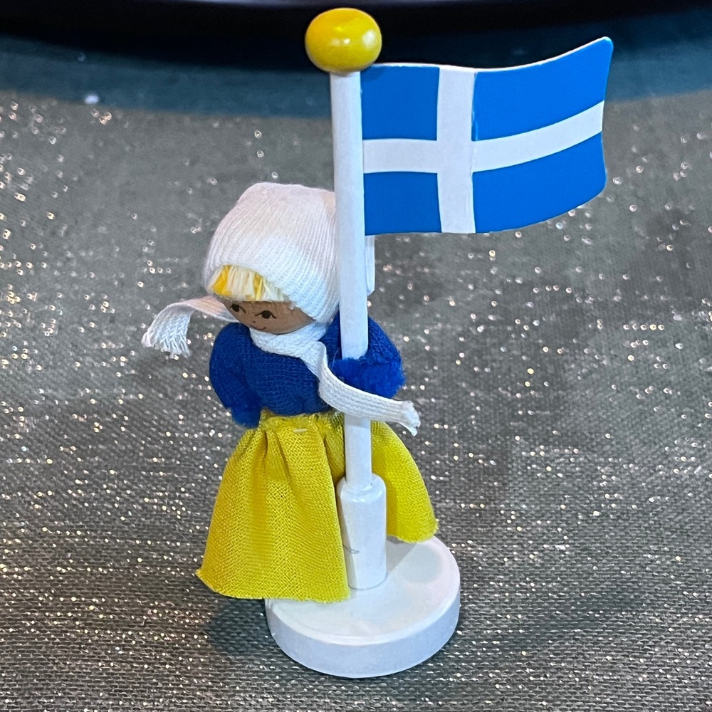 Original Butticki of Sweden Handmade Wooden Doll Figurine Swedish Flag Folk Art